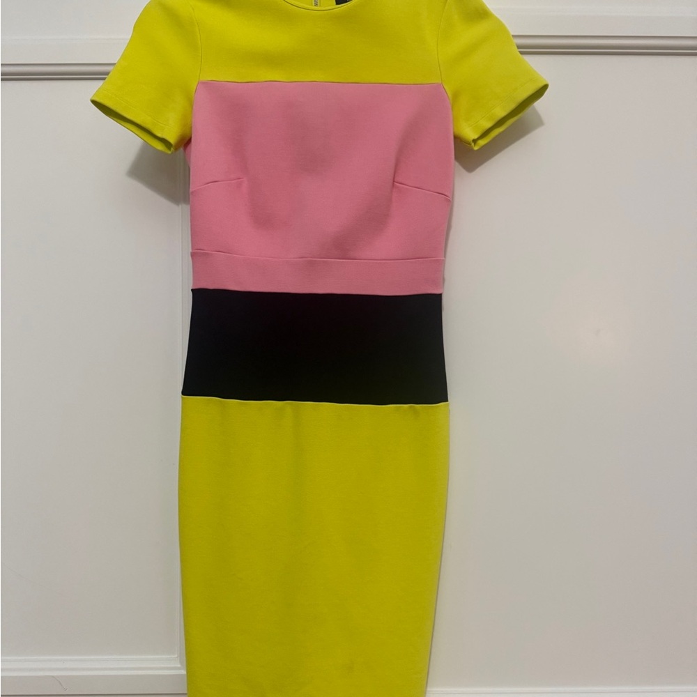 French Connection Yellow, Pink, and Black Midi Dress